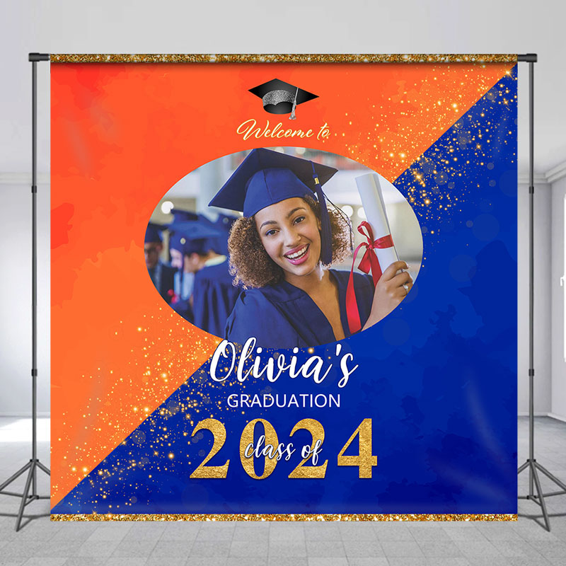 Lofaris Blue Yellow Custom Photo Happy Graduation Backdrop